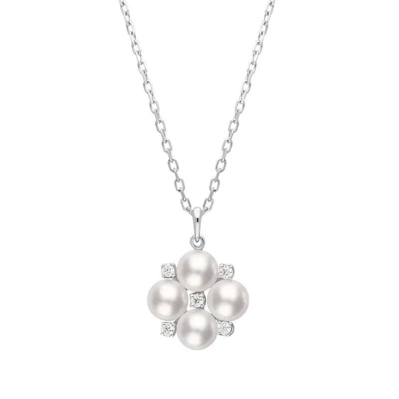Mikimoto 18ct White Gold 5mm Akoya Pearl Diamond Floral Cluster Necklace