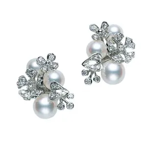 Mikimoto 18ct White Gold Akoya Pearl Diamond Floral Bouquet Stud Earrings