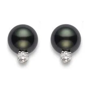 Mikimoto 18ct White Gold Diamond 10mm A  Black South Sea Pearl Stud Earrings