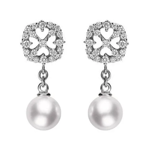 Mikimoto 18ct White Gold Diamond 4mm White A  Akoya Pearl Drop Earrings