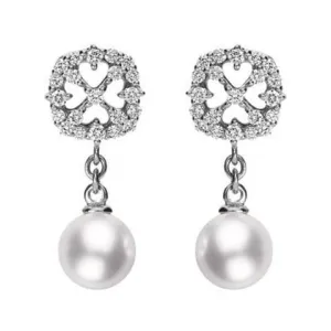 Mikimoto 18ct White Gold Diamond 4mm White A  Akoya Pearl Drop Earrings