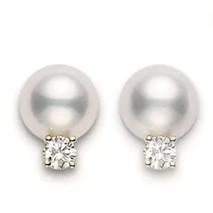 Mikimoto 18ct White Gold Diamond 6mm White Akoya Pearl Stud Earrings