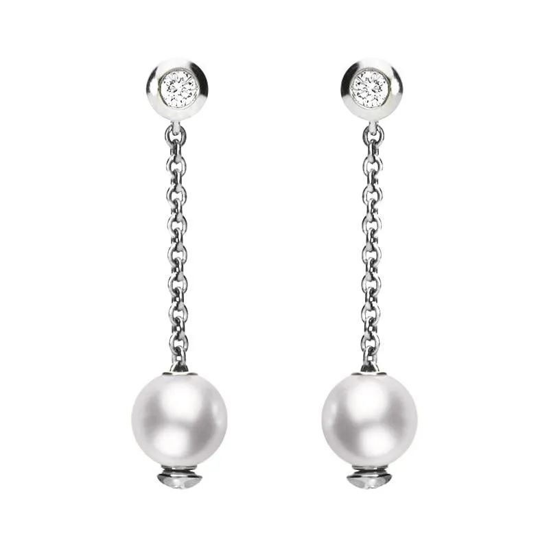 Mikimoto 18ct White Gold Diamond 7mm White Akoya Pearl Drop Earrings