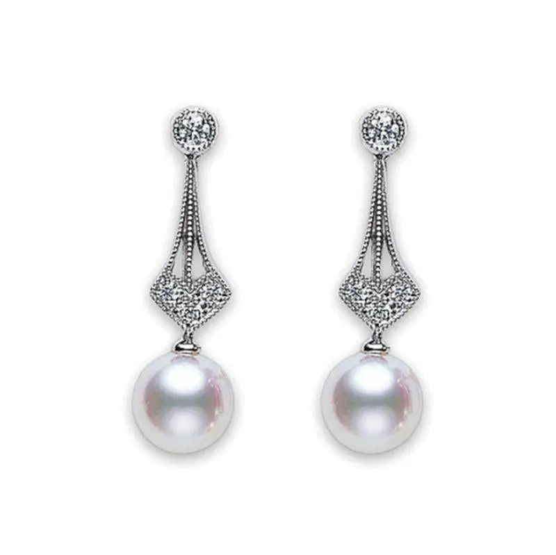 Mikimoto 18ct White Gold Diamond 7mm White Akoya Pearl Drop Earrings