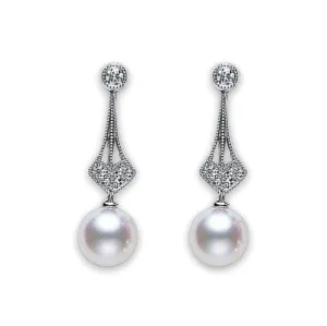 Mikimoto 18ct White Gold Diamond 7mm White Akoya Pearl Drop Earrings