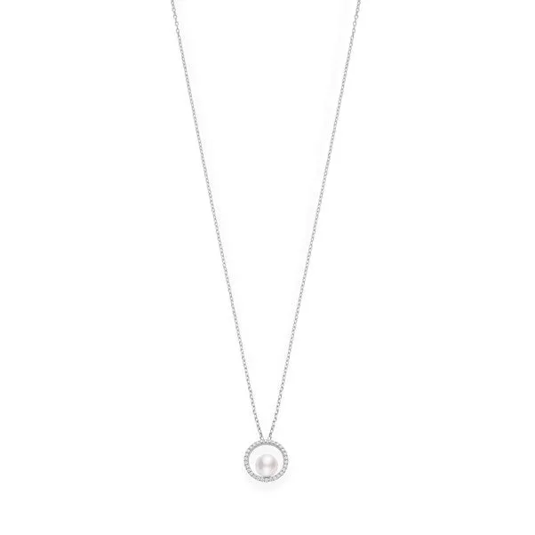 Mikimoto 18ct White Gold Diamond 7mm White Akoya Pearl Necklace