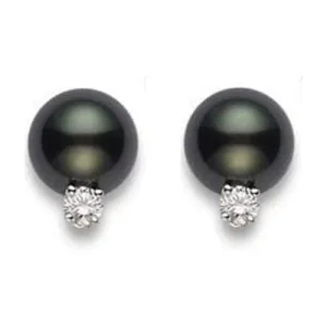 Mikimoto 18ct White Gold Diamond 8mm A  Black South Sea Pearl Stud Earrings