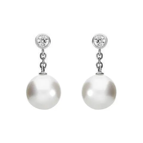 Mikimoto 18ct White Gold Diamond 8mm White A  Akoya Pearl Drop Earrings