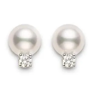 Mikimoto 18ct White Gold Diamond 8mm White AA Akoya Pearl Stud Earrings