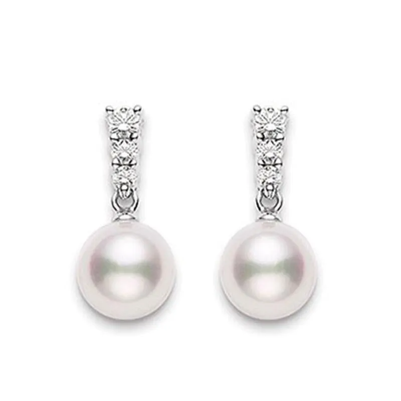 Mikimoto 18ct White Gold Diamond 8mm White Akoya Pearl Earrings