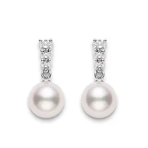 Mikimoto 18ct White Gold Diamond 8mm White Akoya Pearl Earrings