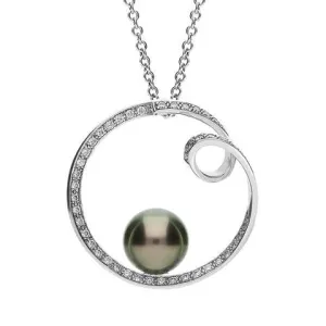 Mikimoto 18ct White Gold Diamond 9mm Black South Sea Pearl Ribbon Necklace