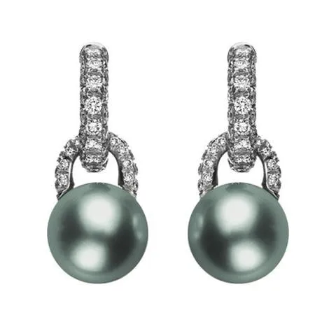 Mikimoto 18ct White Gold Diamond Black South Sea Pearl Drop Earrings