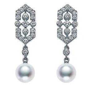 Mikimoto 18ct White Gold Diamond White Akoya Pearl Art Deco Earrings