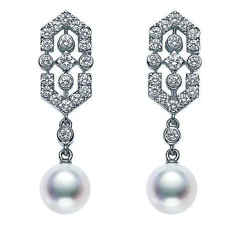 Mikimoto 18ct White Gold Diamond White Akoya Pearl Art Deco Earrings
