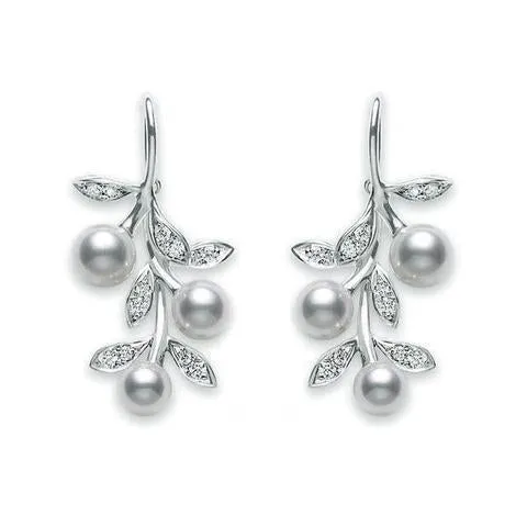 Mikimoto 18ct White Gold Diamond White Akoya Pearl Floral Drop Earrings