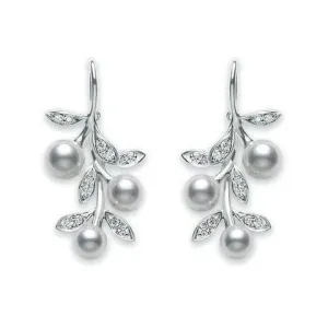 Mikimoto 18ct White Gold Diamond White Akoya Pearl Floral Drop Earrings