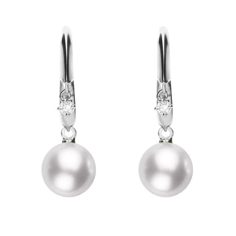 Mikimoto 18ct White Gold Diamond White Akoya Pearl Hook Earrings