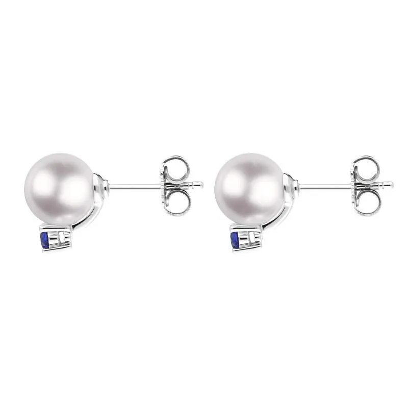 Mikimoto 18ct White Gold Sapphire 7.5mm White A  Akoya Pearl Stud Earrings D
