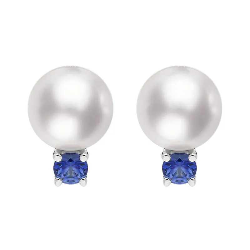 Mikimoto 18ct White Gold Sapphire 7.5mm White A  Akoya Pearl Stud Earrings D