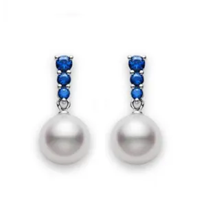 Mikimoto 18ct White Gold Sapphire 8mm White Akoya Pearl Earrings
