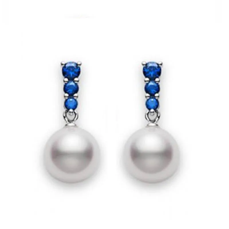 Mikimoto 18ct White Gold Sapphire 8mm White Akoya Pearl Earrings