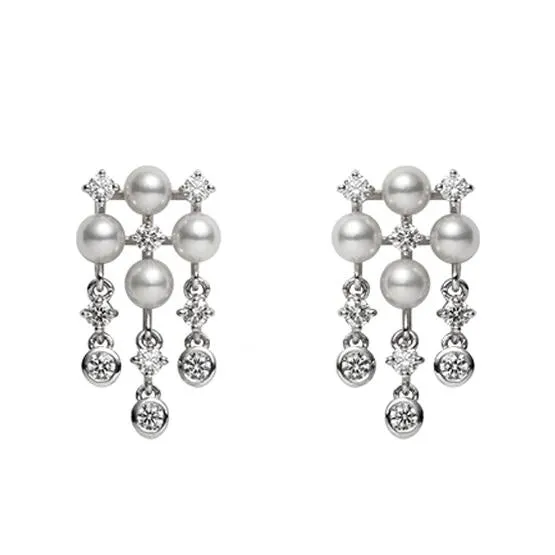 Mikimoto 18ct White Gold White Akoya Pearl Diamond Chandelier Drop Earrings