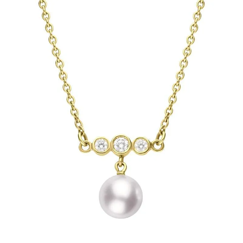 Mikimoto 18ct Yellow Gold 0.16ct Diamond White Akoya Pearl Drop Necklace