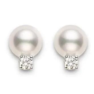 Mikimoto 18ct Yellow Gold Diamond 6mm White Akoya Pearl Stud Earrings