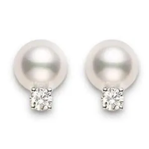 Mikimoto 18ct Yellow Gold Diamond 6mm White Akoya Pearl Stud Earrings