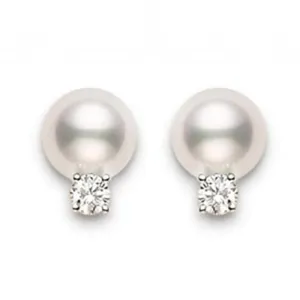 Mikimoto 18ct Yellow Gold Diamond 7.5mm White AA Akoya Pearl Stud Earrings
