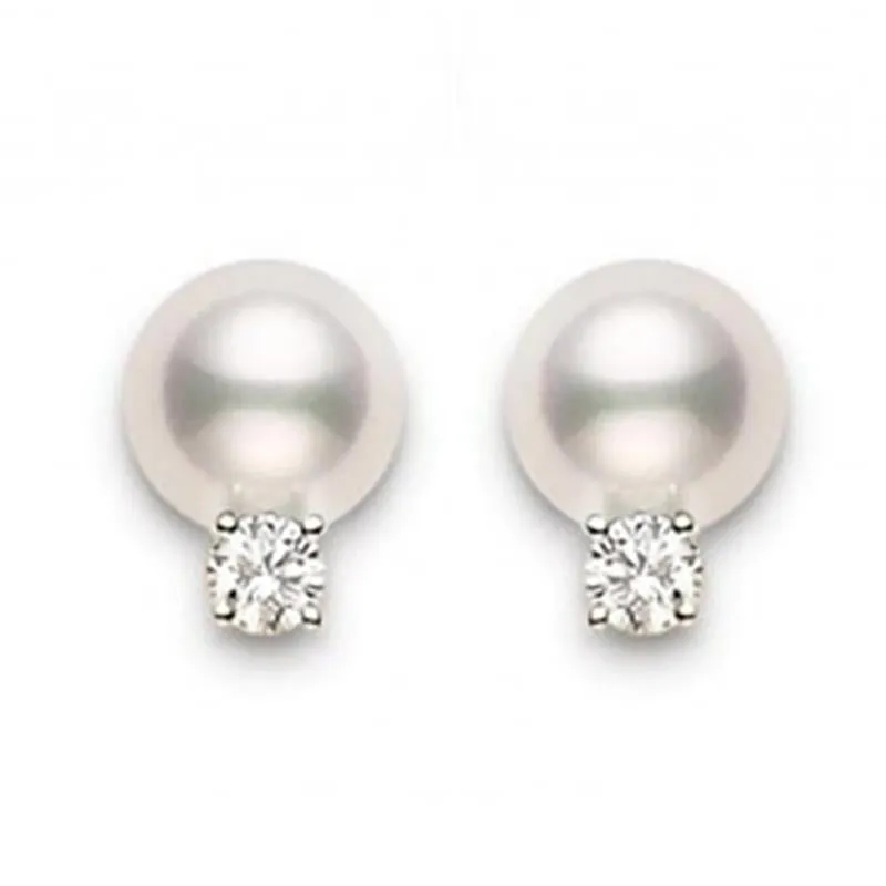 Mikimoto 18ct Yellow Gold Diamond 7.5mm White AA Akoya Pearl Stud Earrings