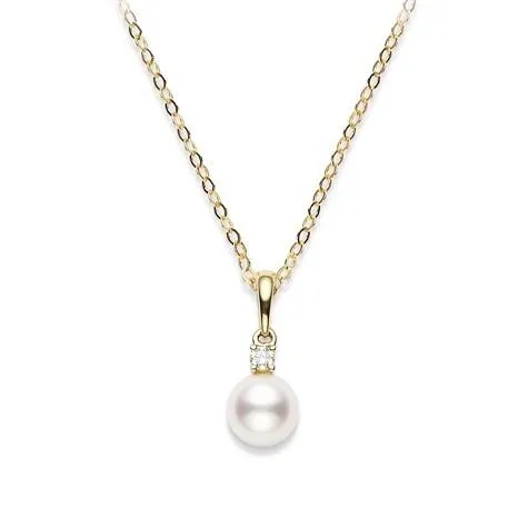 Mikimoto 18ct Yellow Gold Diamond 7mm White AA Akoya Pearl Necklace