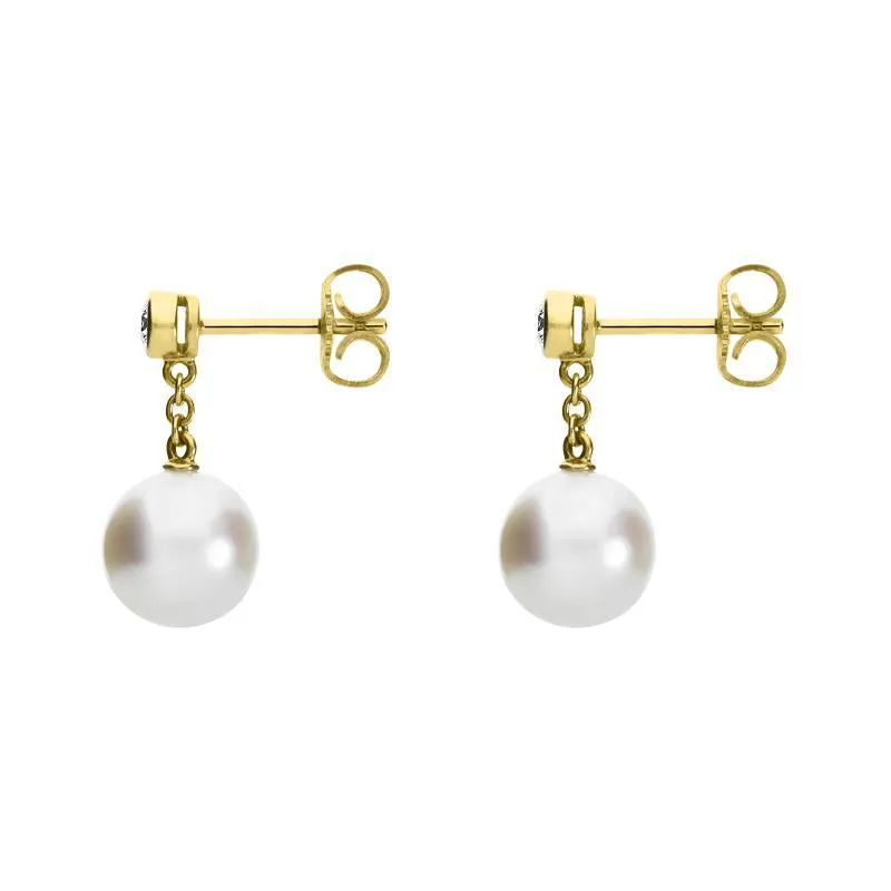 Mikimoto 18ct Yellow Gold Diamond 8mm White A  Akoya Pearl Drop Earrings