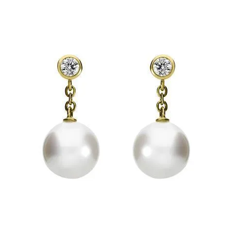 Mikimoto 18ct Yellow Gold Diamond 8mm White A  Akoya Pearl Drop Earrings