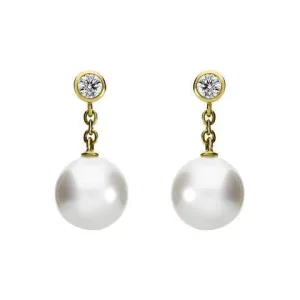 Mikimoto 18ct Yellow Gold Diamond 8mm White A  Akoya Pearl Drop Earrings