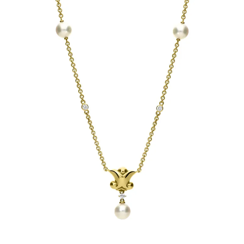 Mikimoto 18ct Yellow Gold Diamond White Akoya Pearl Drop Necklace