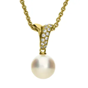 Mikimoto 18ct Yellow Gold Diamond White Akoya Pearl Drop Necklace