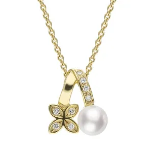 Mikimoto 18ct Yellow Gold Diamond White Akoya Pearl Flower Necklace