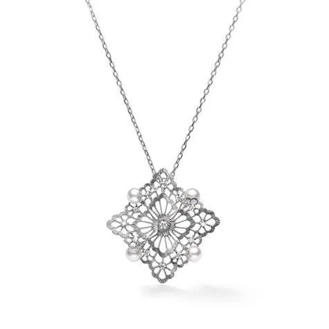 Mikimoto Lace 18ct White Gold Diamond White Akoya Pearl Necklace