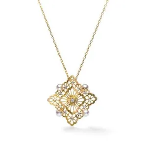Mikimoto Lace 18ct Yellow Gold Diamond White Akoya Pearl Necklace