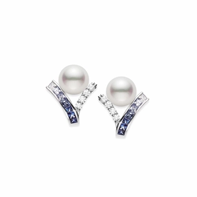 Mikimoto 18ct White Gold Akoya Pearl 1.05ct Sapphire & 0.29ct Diamond Ocean Earrings