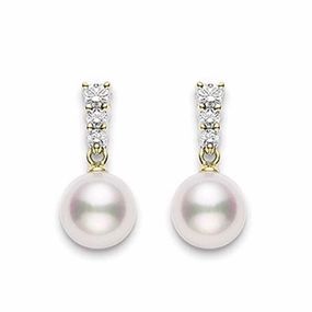 Mikimoto 18ct Yellow Gold Diamond 8mm White Akoya Pearl Earrings D