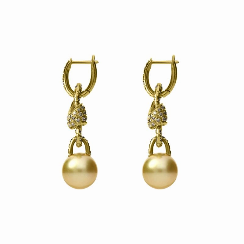 Mikimoto 18ct Yellow Gold Diamond Golden South Sea Pearl Drop Earrings