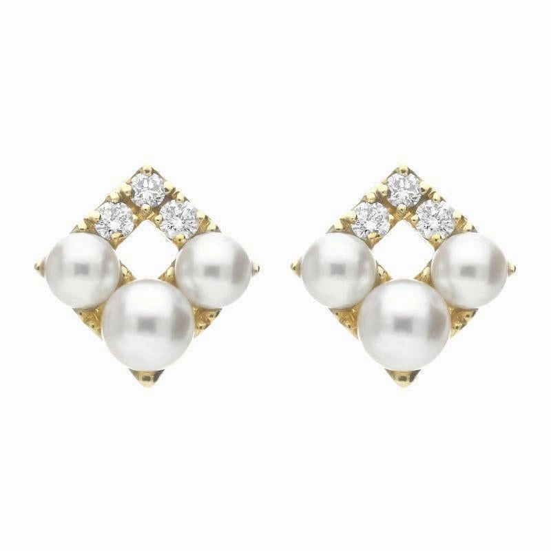 Mikimoto 18ct Yellow Gold Diamond White Akoya Pearl Stud Earrings