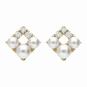 Mikimoto 18ct Yellow Gold Diamond White Akoya Pearl Stud Earrings