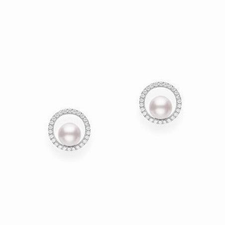 Mikimoto Circle 18ct White Gold Diamond 6mm White Akoya Pearl Stud Earrings
