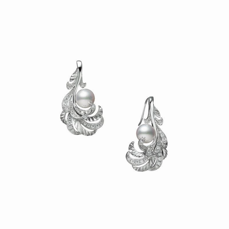 Mikimoto Feather 18ct White Gold White Akoya Pearl Diamond Earrings
