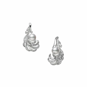 Mikimoto Feather 18ct White Gold White Akoya Pearl Diamond Earrings