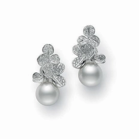 Mikimoto Fortune Leaves 18ct White Gold 12mm South Sea Pearl 1.20ct Diamond Earrings